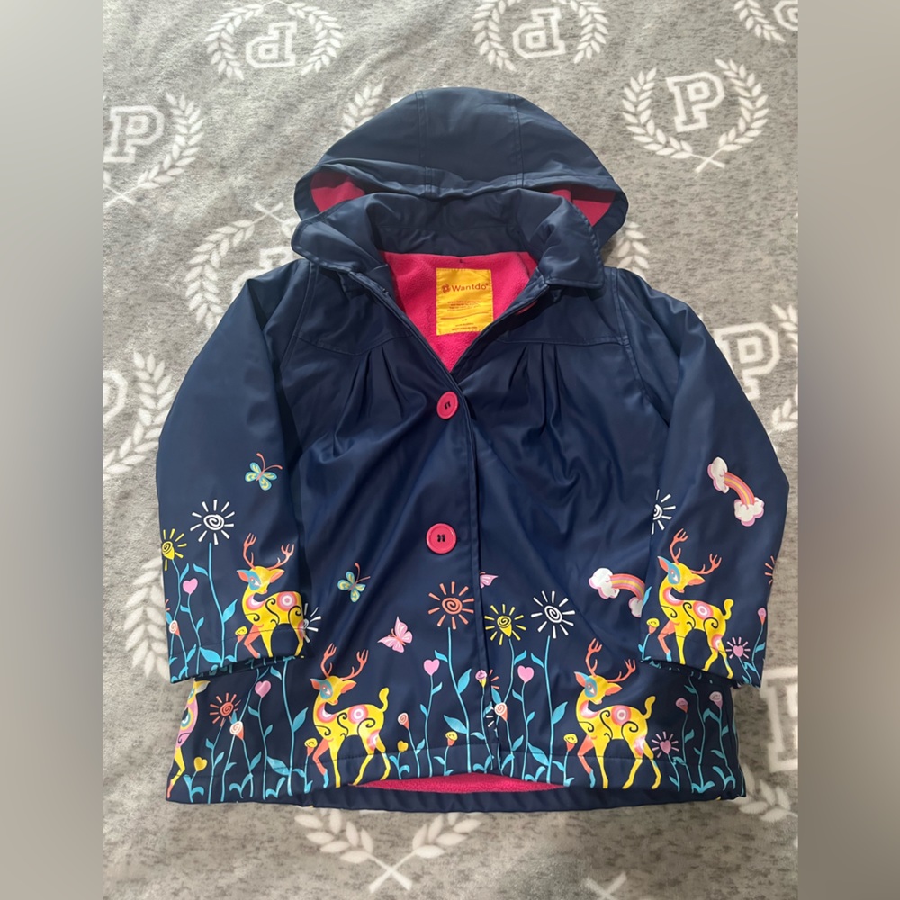 Wantdo Girls Navy Blue Deer Floral Fleece Lined‎ Hooded Rain Jacket Size 5/6
